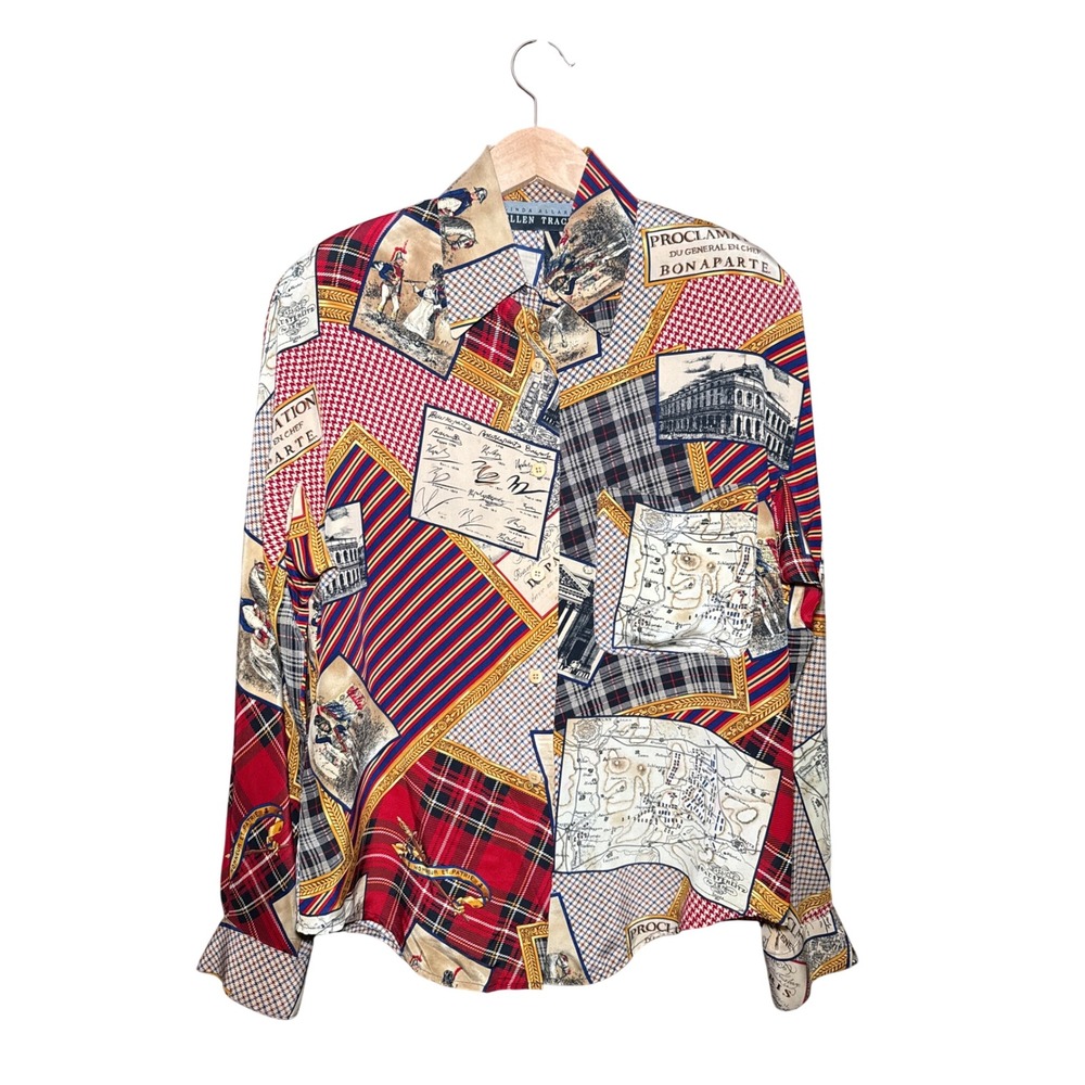 Linda Allard Ellen Tracy Vintage Scarf Print Button Up Shirt Napoleonic Map Red